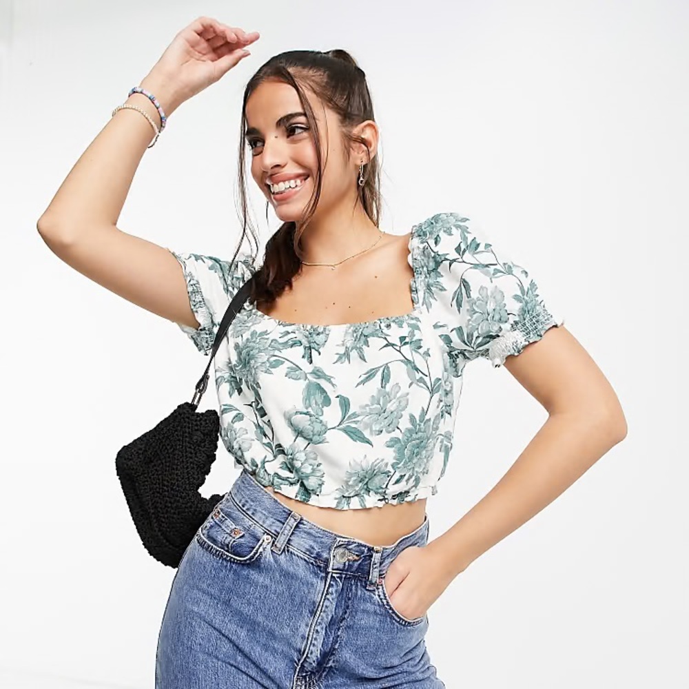 Abercrombie & Fitch Ruched Square Neck Puffed Sleeve Floral Top